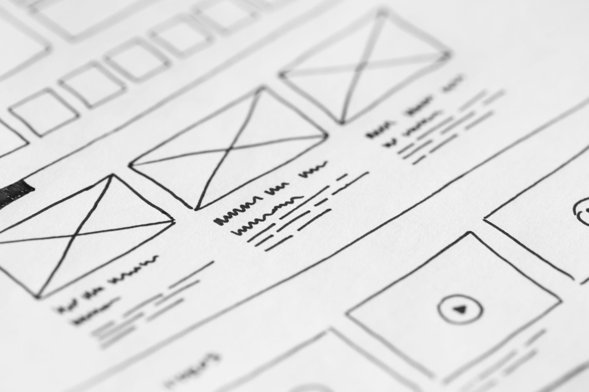 Ręcznie szkicowany wireframe projektu UX na kartce papieru